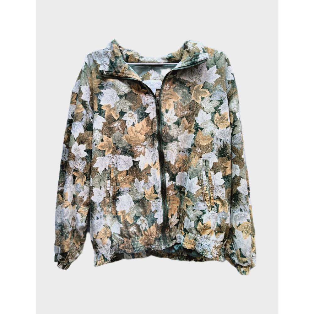 Vintage Casual Corner Women's Bomber Jacket Size M Silk Zip Up Leaf Fall Print